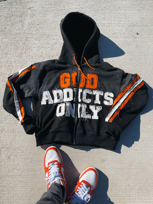 “GOD ADDICTS ONLY” DISTRESSED JACKET BLACK