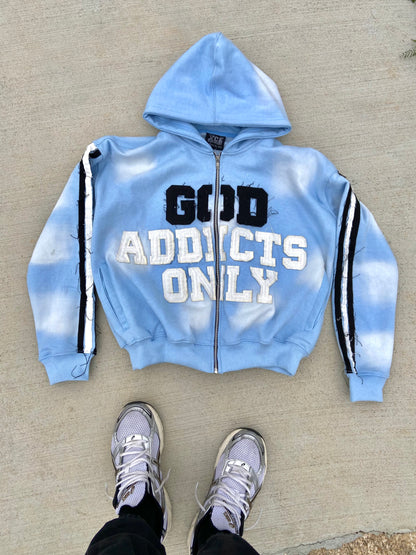 “GOD ADDICTS ONLY” DISTRESSED JACKET LIGHT BLUE